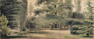 Caminos y una valla bajo los árboles en los terrenos de Merton de Thomas Baxter