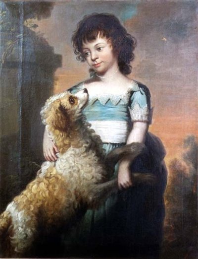 Retrato de una niña con un vestido azul y un perro de Thomas Beach