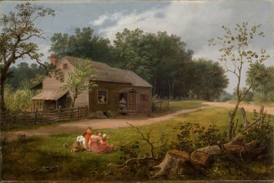 Cabaña con niños jugando 1834 (Óleo sobre lienzo) de Thomas Birch