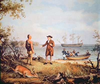 William Penn llega a América por primera vez y se encuentra con un nativo americano en 1682 de Thomas Birch