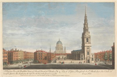 A Perspective View of the North West Front of ye Parish Church of St. Brides, with the beautiful Spire & c. The Height from the Cross above the Vain to the Ground is 242 feet de Thomas Bowles
