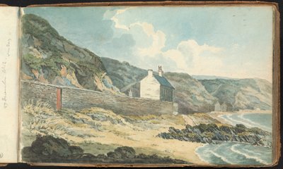 Álbum de dibujos de paisajes y figuras: Casas en una costa rocosa de Thomas Bradshaw
