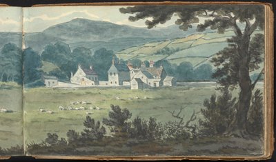 Álbum de estudios de paisajes y figuras: Paisaje rural con granja y ovejas pastando de Thomas Bradshaw