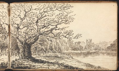 Álbum de estudios de paisajes y figuras: Árboles junto a un río con edificios a lo lejos de Thomas Bradshaw