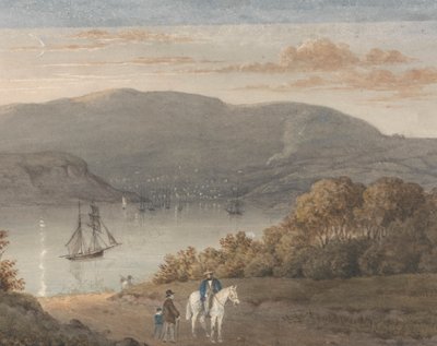 Port Louis desde La Petite Montagne (Crepúsculo) con un jinete y figuras en primer plano de Thomas Bradshaw