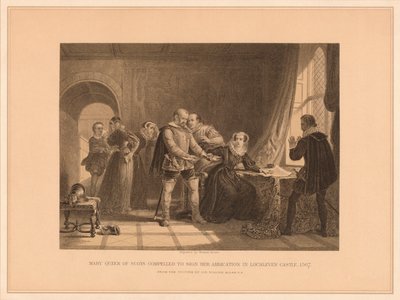 María Reina de Escocia Obligada a Firmar su Abdicación en el Castillo de Lochleven, 1567, 1878 de Thomas Brown