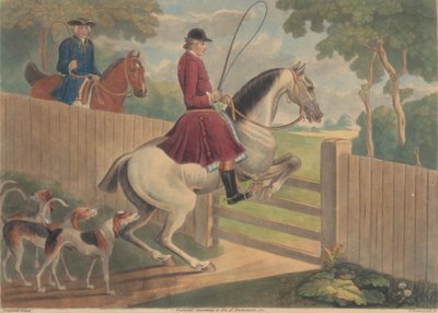Caza [dos de un conjunto de doce]: 7. [Un jinete poniendo el caballo a una puerta]. de Thomas Burford