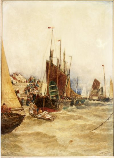El Primer Barco de la Pesca de Caballa, Boulogne, 1889 de Thomas Bush Hardy