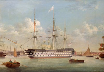 H.M.S. Britannia anclado frente a Plymouth de Thomas Buttersworth