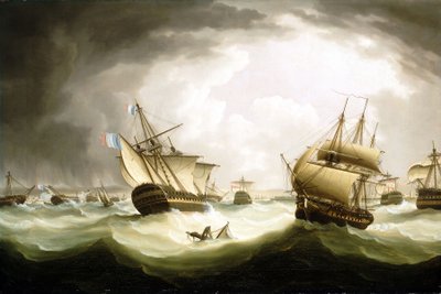 La batalla de Trafalgar, 21 de octubre de 1805, final de la acción, principios del siglo XIX (óleo sobre lienzo) de Thomas Buttersworth