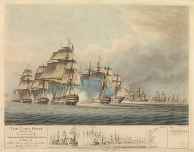 La flota china, fuertemente cargada y comandada por el comodoro Nathaniel Dance (1748-1827), obligó al almirante francés Charles de Durand L( 1761-1848) y a su escuadra a retirarse el 15 de febrero. de Thomas Buttersworth