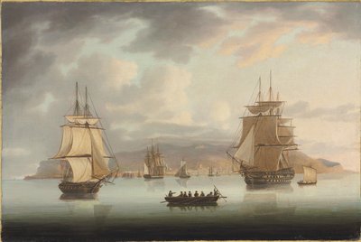 Funchal Roadstead, H.M.S. Blenheim con Greyhound y Harrier en salida, 1805 de Thomas Butterworth