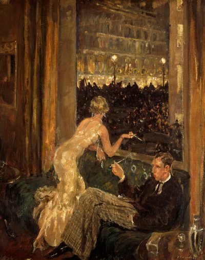 Vista de un interior con una pareja que observa por una ventana la llegada de los Marchantes de Jarrow a Londres de Thomas Cantrell Dugdale