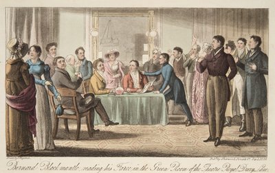 Bernard Blackmantle leyendo su farsa en el Green Room del Teatro Covent Garden, de The English Spy, pub. 1824 de Thomas Charles Wageman