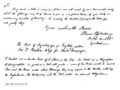 Parte de una carta de Thomas Chatterton a Horace Walpole, finales del siglo XVIII, 1840 de Thomas Chatterton