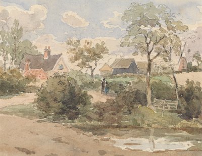 Paisaje rural con casa de campo, molino de viento, graneros y figuras con estanque en primer plano de Thomas Churchyard