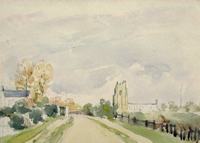 Paisaje de Suffolk, un Camino Ancho con una Pequeña Casa, una Iglesia y Árboles de Thomas Churchyard