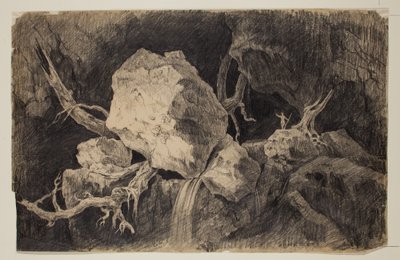 Cazador de pie en una cueva cerca de una roca y una cascada, c.1828 de Thomas Cole