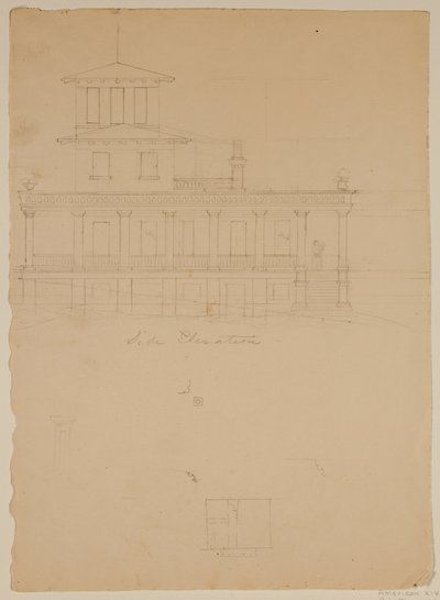 Elevación lateral de la villa propuesta en Catskill de Thomas Cole