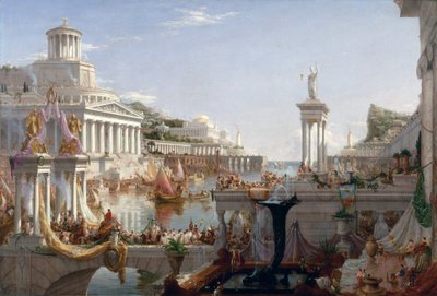 El Curso del Consumo del Imperio - La Apoteosis del Imperio Romano. Al fondo, la isla de la Atlántida (Atlantis) en todo su esplendor. Pintura de Thomas Cole de Thomas Cole