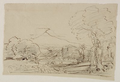 Volcán, lago, figura cazando de Thomas Cole