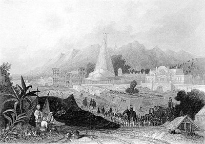 El Gran Templo, Hurdwar, con procesión de peregrinos hindúes, grabado por W. Finden, de 