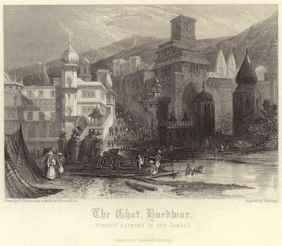 El Ghat en Hurdwar con hindúes bañándose en el Ganges de Thomas Colman Dibdin