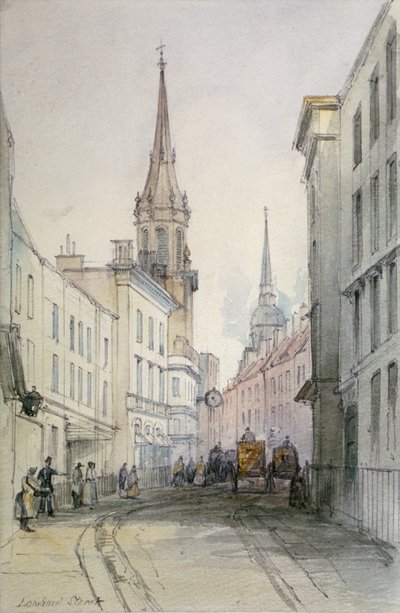 Vista a lo largo de Lombard Street, mirando al este, con figuras y carruajes, Ciudad de Londres, 1851 de Thomas Colman Dibdin