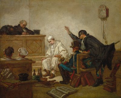 Pierrot en el tribunal penal, c.1864-70 (óleo sobre tabla de madera) de Thomas Couture