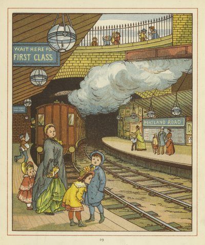 Una mujer de pie con un grupo de niños en una plataforma en la estación de tren de Portland Road de Thomas Crane