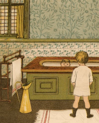 Vida hogareña: niño tomando un baño en el baño de Thomas Crane