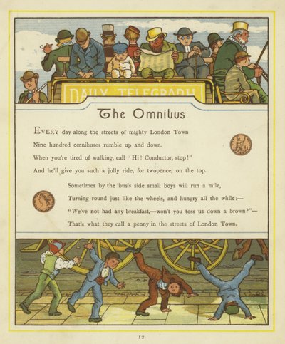 Pasajeros viajando en el ómnibus mientras los niños hacen volteretas en la calle de Thomas Crane