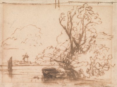 Un barco amarrado a la orilla de un río de Thomas Creswick
