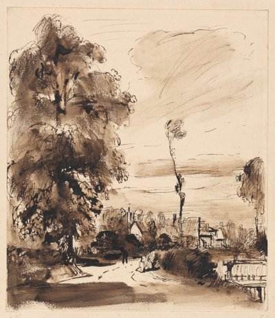 Un camino rural con casitas de Thomas Creswick