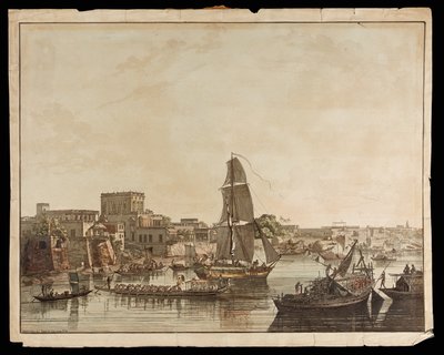 Calcuta desde el río Hoogly: Edificios Gentoo de las Vistas de Calcuta, 1788 de Thomas Daniell