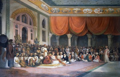 Charles Warre Malet concluyendo el tratado con Peshwa del Imperio Maratha en 1790 en Durbar de Thomas Daniell