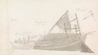 Barco de pesca con embarcación pequeña al costado de Thomas Daniell