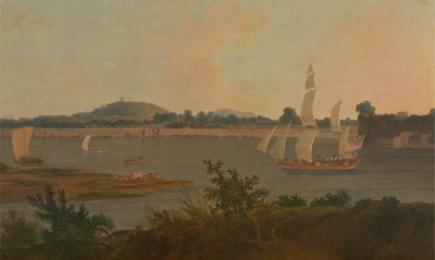 Una pinaza navega por el Ganges frente al fuerte de Monghyr de Thomas Daniell