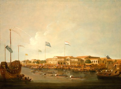 Los Hongs en Cantón desde el sureste, con una regata en el río Perla de Thomas Daniell