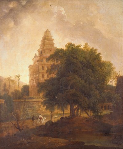Viajeros en un camino junto al Kalyan Mahal, Gingee, Tamil Nadu de Thomas Daniell