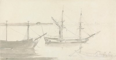Dos barcos amarrados y un pesquero de Thomas Daniell
