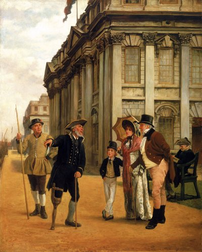 La historia de los residentes, frente al edificio King Charles court del hospital de Greenwich, un residente con una pata de palo, vestido con el uniforme reglamentario, habla con una pareja visitante y su hijo, a su alrededor, otros dos residentes de Thomas Davidson