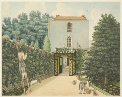 Vista de la entrada desde York Street, con dos jardineros trabajando, en 14 St James
