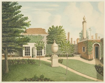 Vista de los jardines principales, casa de verano y sala de esterilización de suelo en 14 St James
