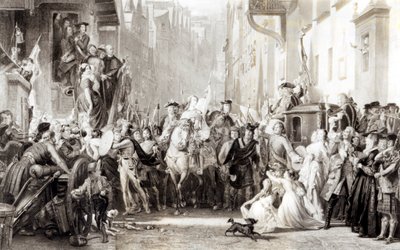 El Príncipe Carlos Eduardo (1720-88) y los Highlanders entrando en Edimburgo después de la Batalla de Preston, 21 de septiembre de 1745 de Thomas Duncan