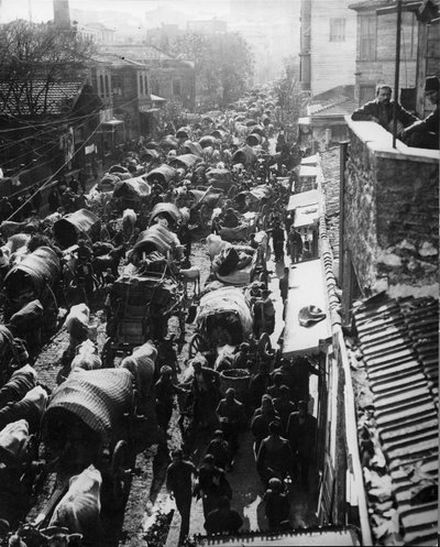Refugiados entrando en Constantinopla, esperando un barco hacia Asia durante la Revolución Turca, 1909 de Thomas E. and Horace Grant Grant