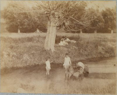 Tres niños y un perro jugando en el arroyo de Thomas Eakins