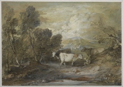 Un pastor con tres vacas junto a una piscina de tierras altas de Thomas Gainsborough