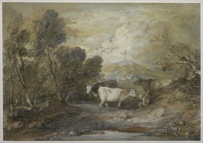Un pastor con tres vacas junto a un estanque, mediados de la década de 1780 (acuarela, tinta y óleo realzados con tiza blanca) de Thomas Gainsborough