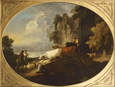 Un paisaje fluvial con amantes rústicos, un pastor montado conduciendo ganado y ovejas sobre un puente con un castillo en ruinas más allá de Thomas Gainsborough